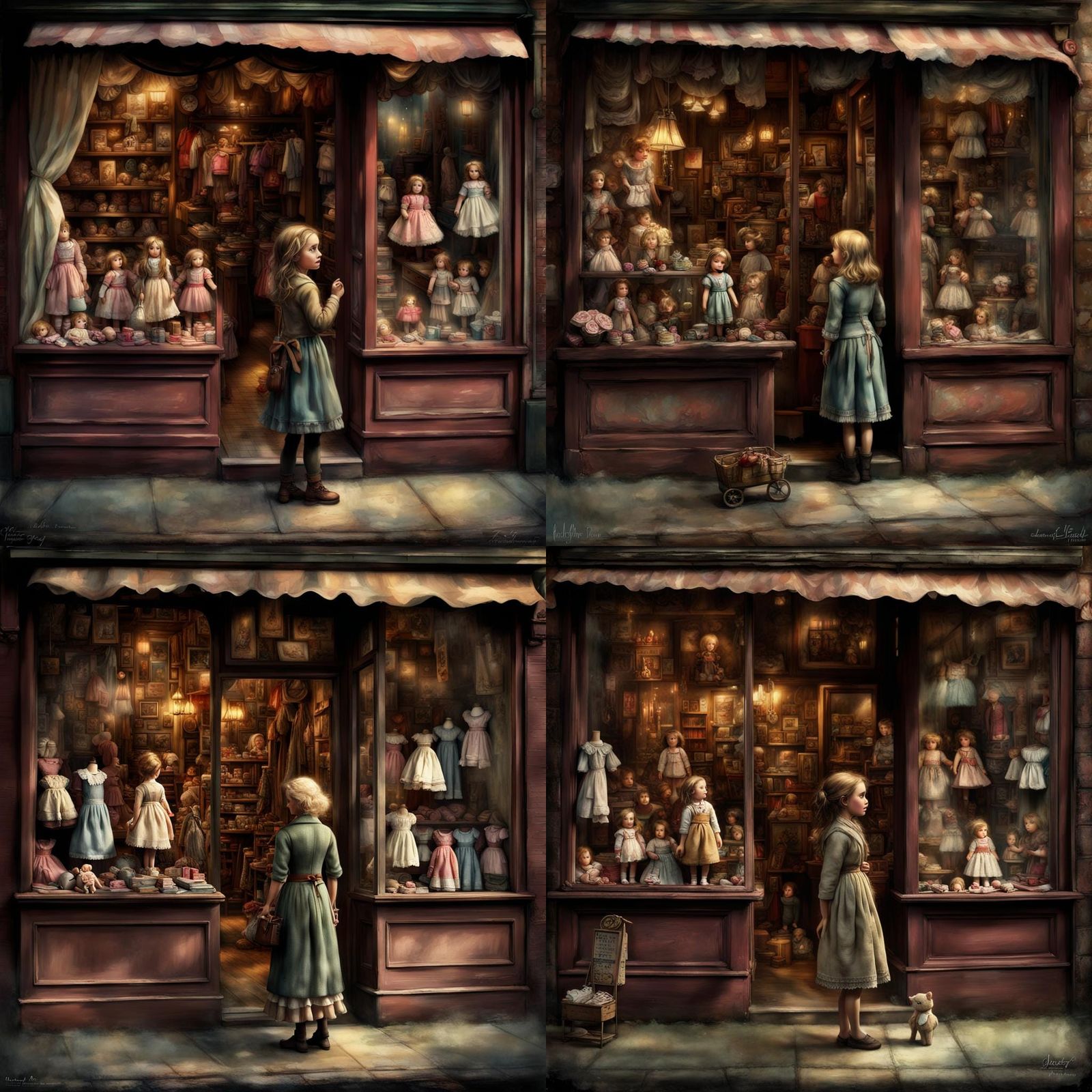 Woman Gazing at Dolls in Toy Shop: Matte Painting