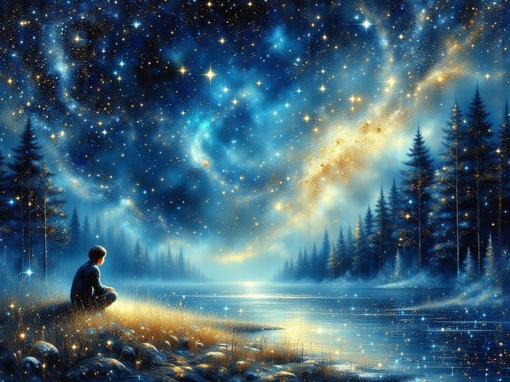 Dreamy Starry Night Sky with Swirling Stars and Gold Glitter