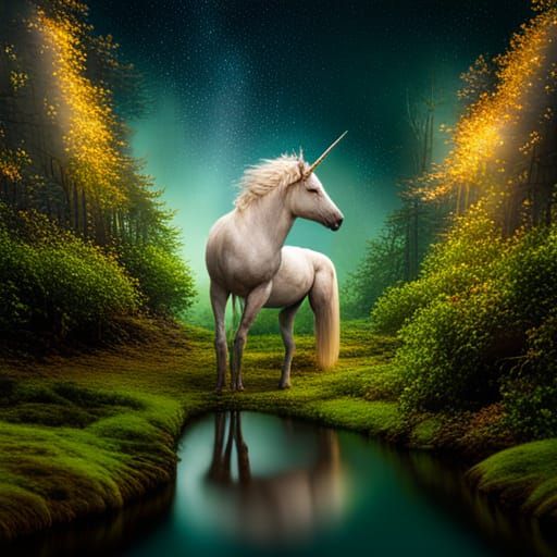 Unicorn by Forest Lake with Fireflies