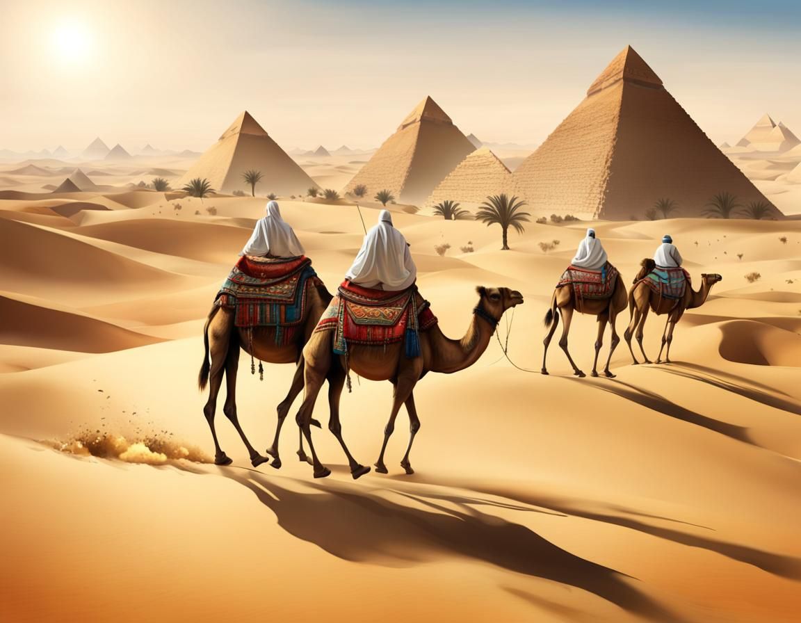 Desert Caravan with Pyramids and City