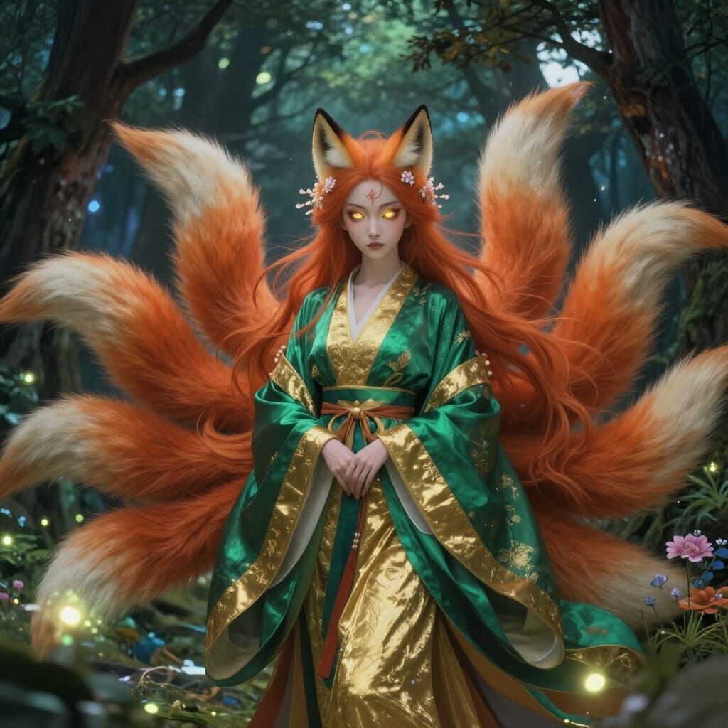 Ethereal Kitsune Spirit in Moonlit Forest
