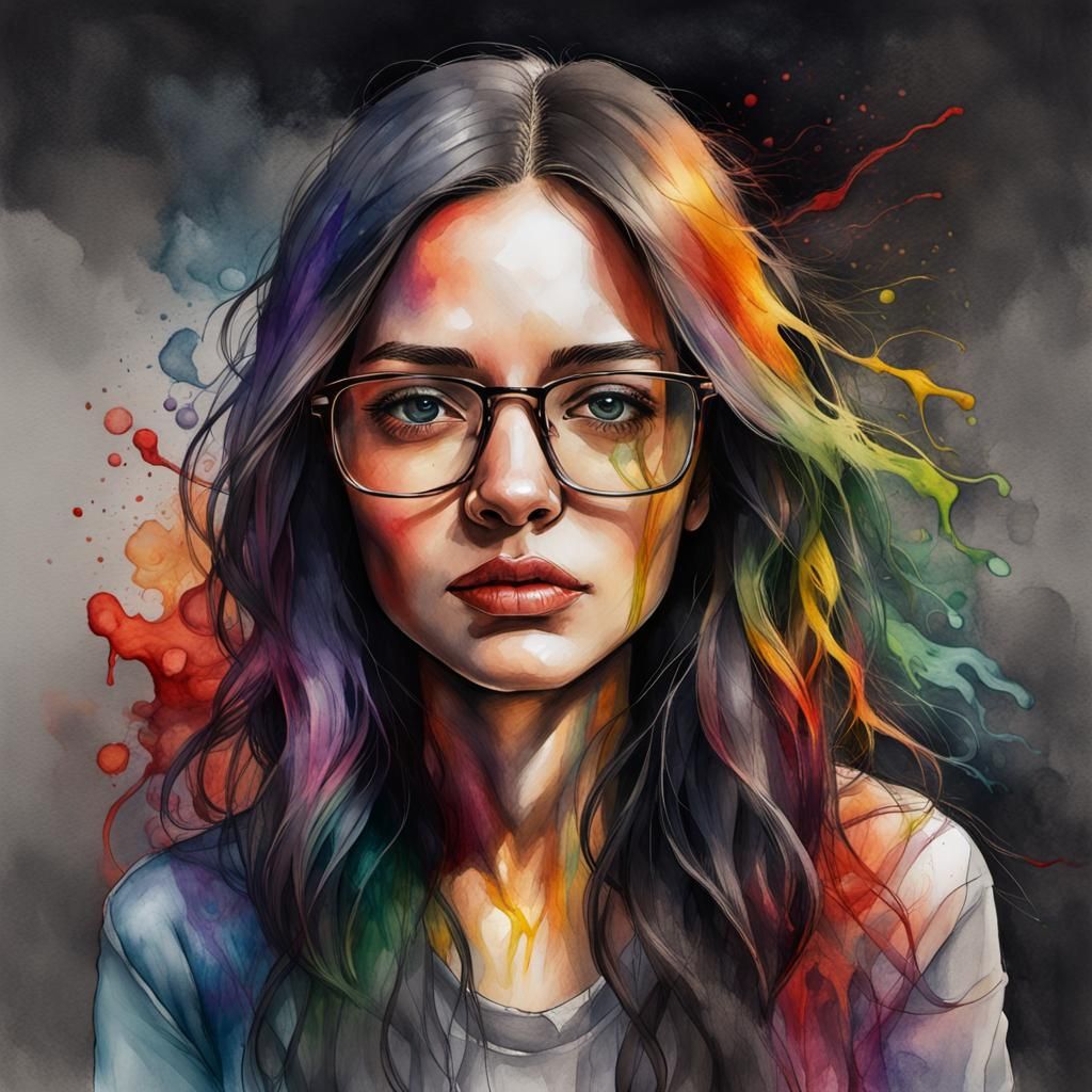 Colorful Portrait with Melting Face in Watercolor Style
