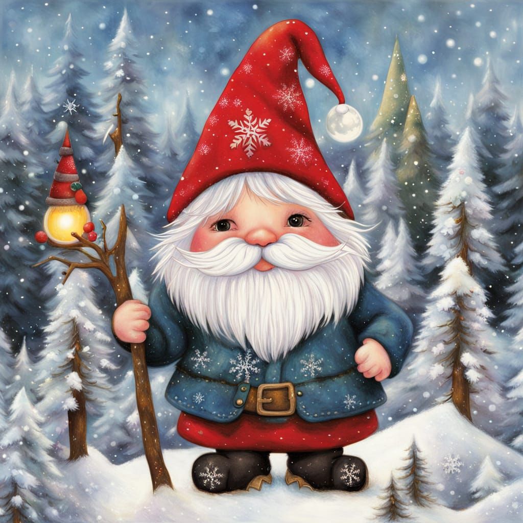 Whimsical Winter Gnome in Enchanted Forest