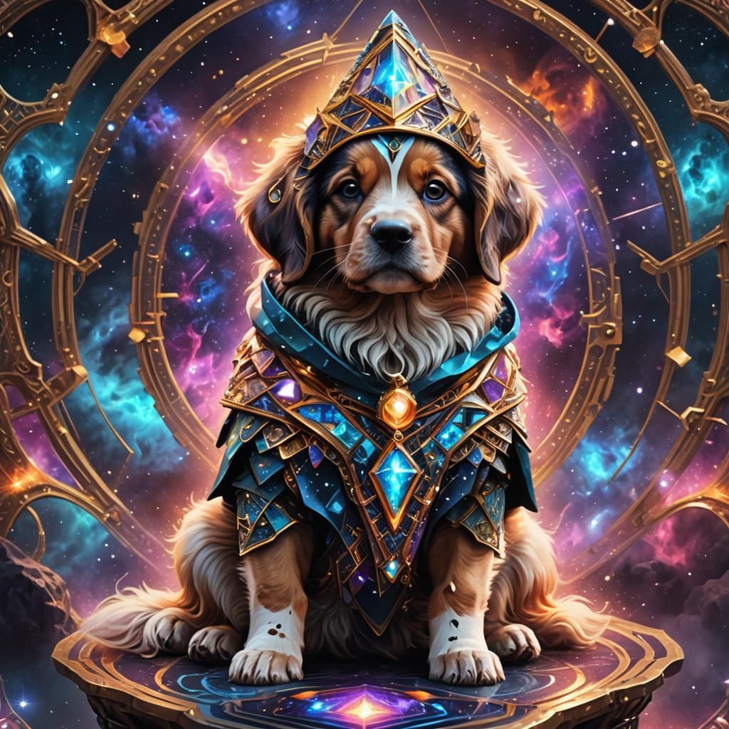 Cosmic Wizard Puppy with Geometric Aura