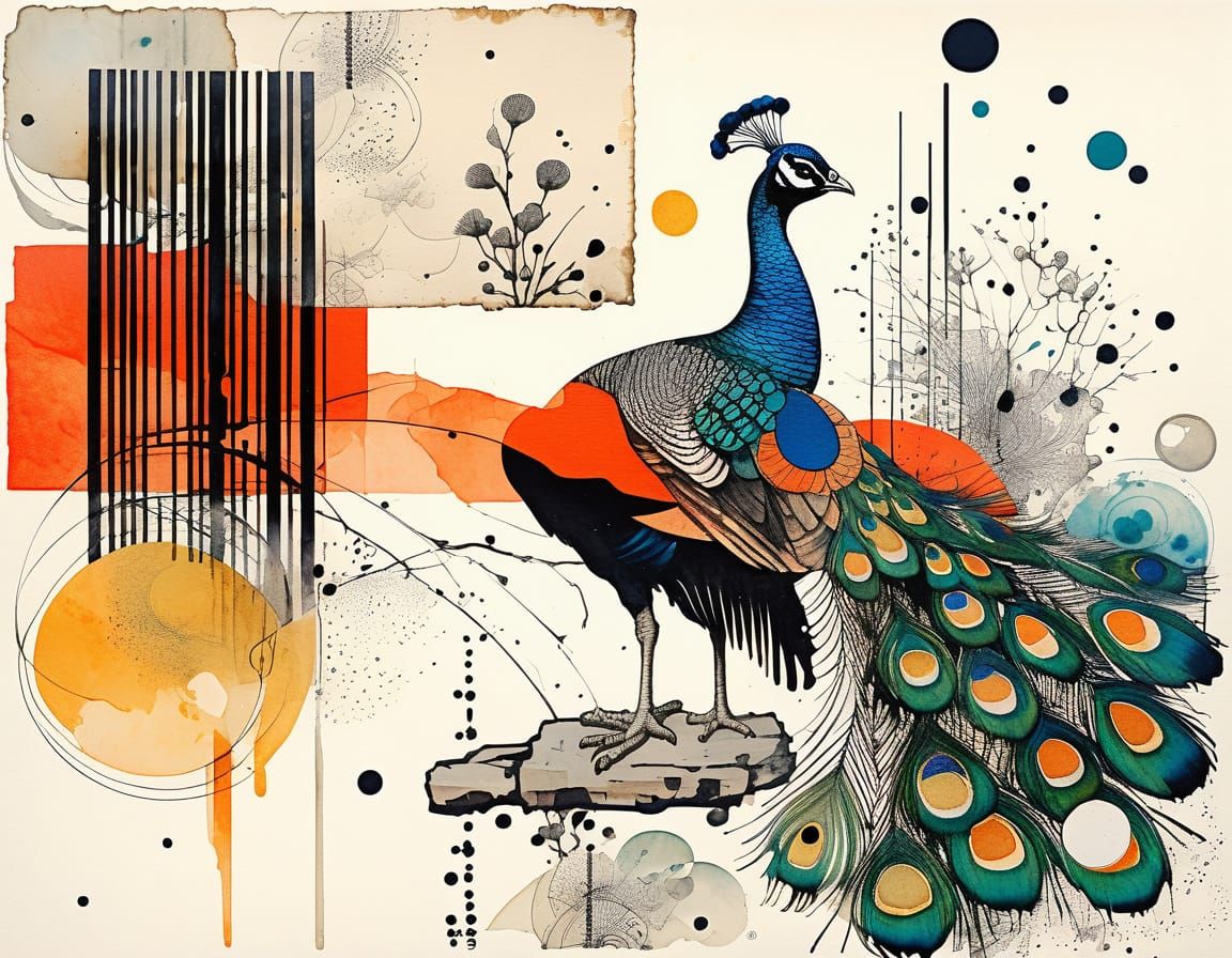 Abstract Ukiyo-e Peacock Collage with Barcode Elements