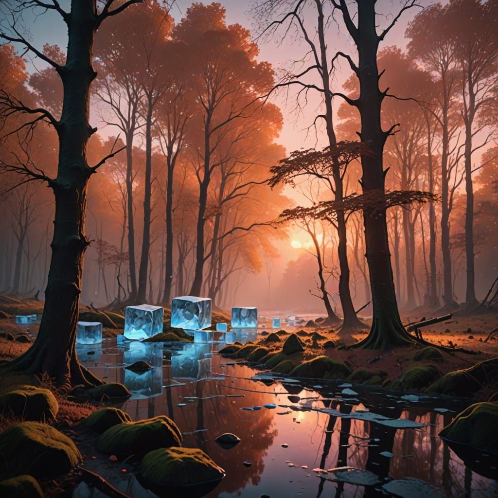Misty Forest with Glowing Ice Cubes in Sunset Light