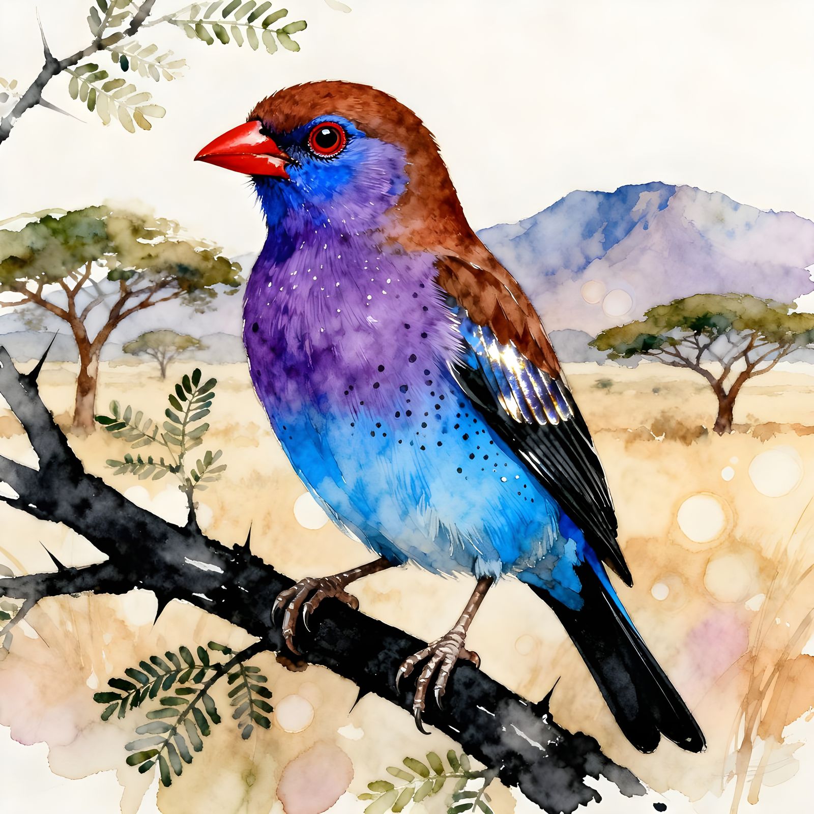Purple Grenadier Bird on Acacia Branch