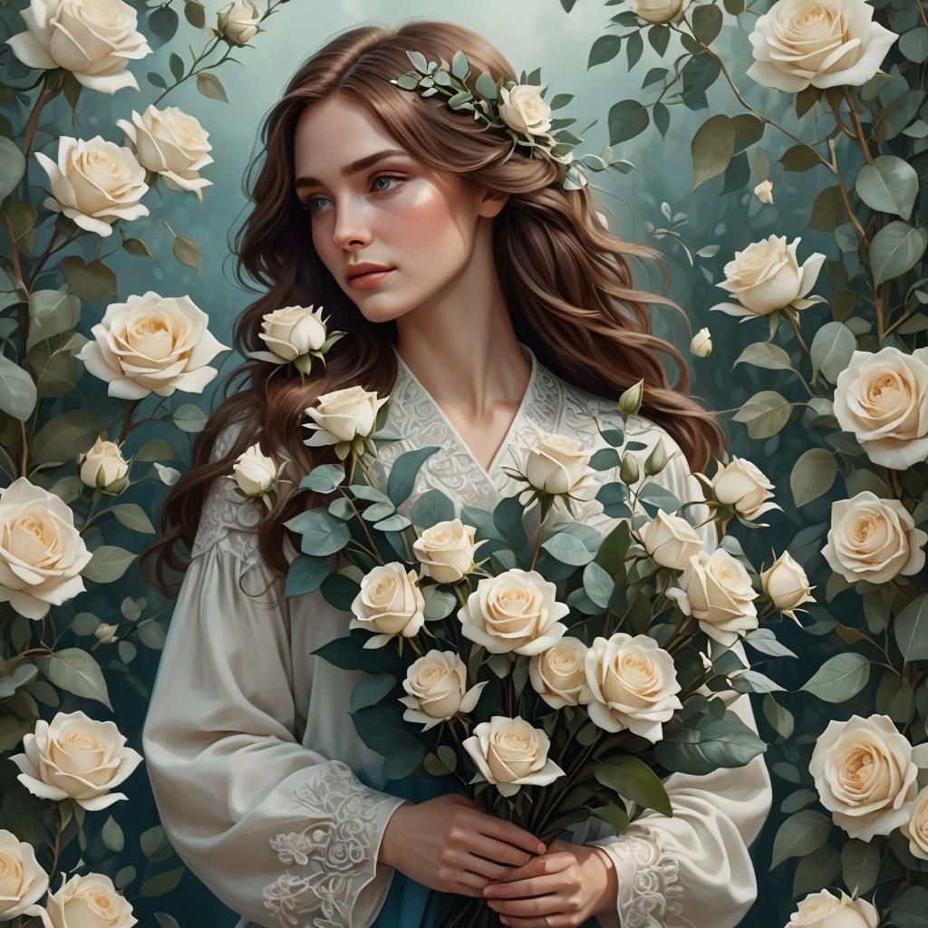 Florist with White Roses Bouquet: Hyper-Realistic Art