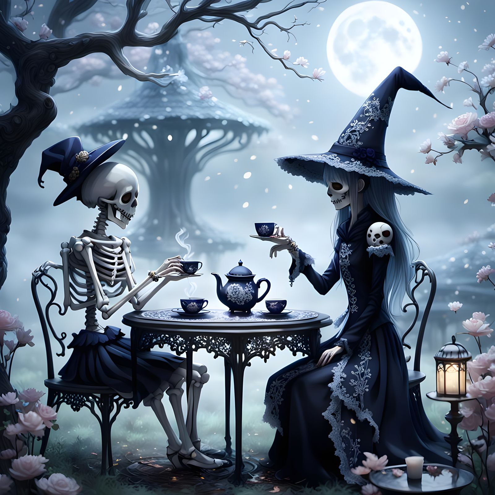 Anime Skeleton and Witch Having Tea