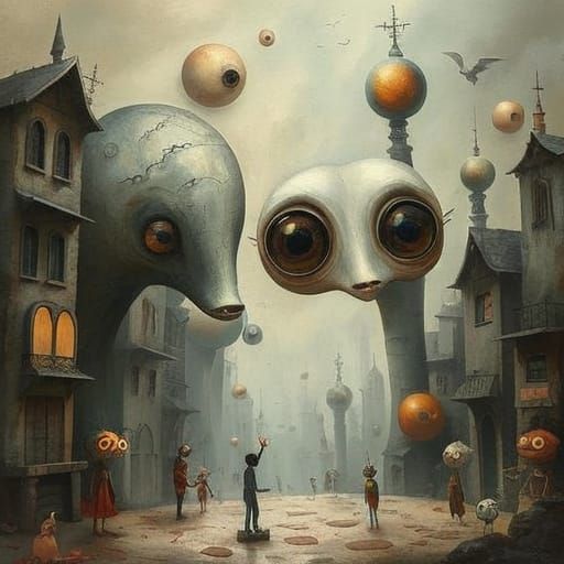 Surreal Dreamscape Painting of a Whimsical City