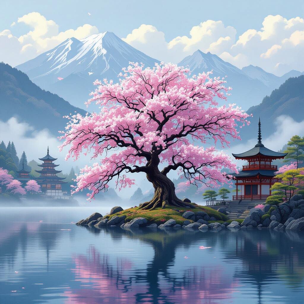 Majestic Sakura Tree by Lake with Temples