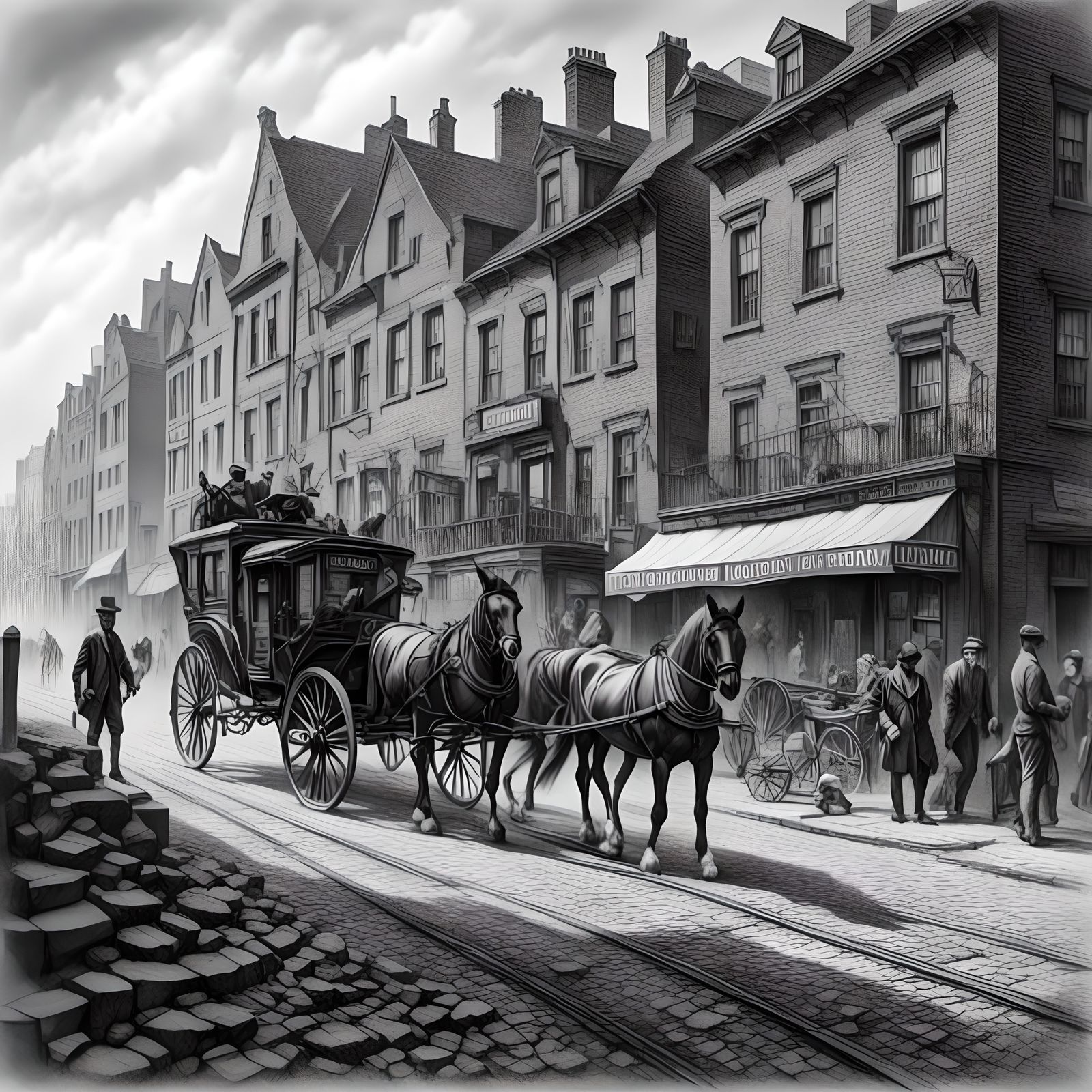 Historical Urban Scene in Pencil Sketch Style