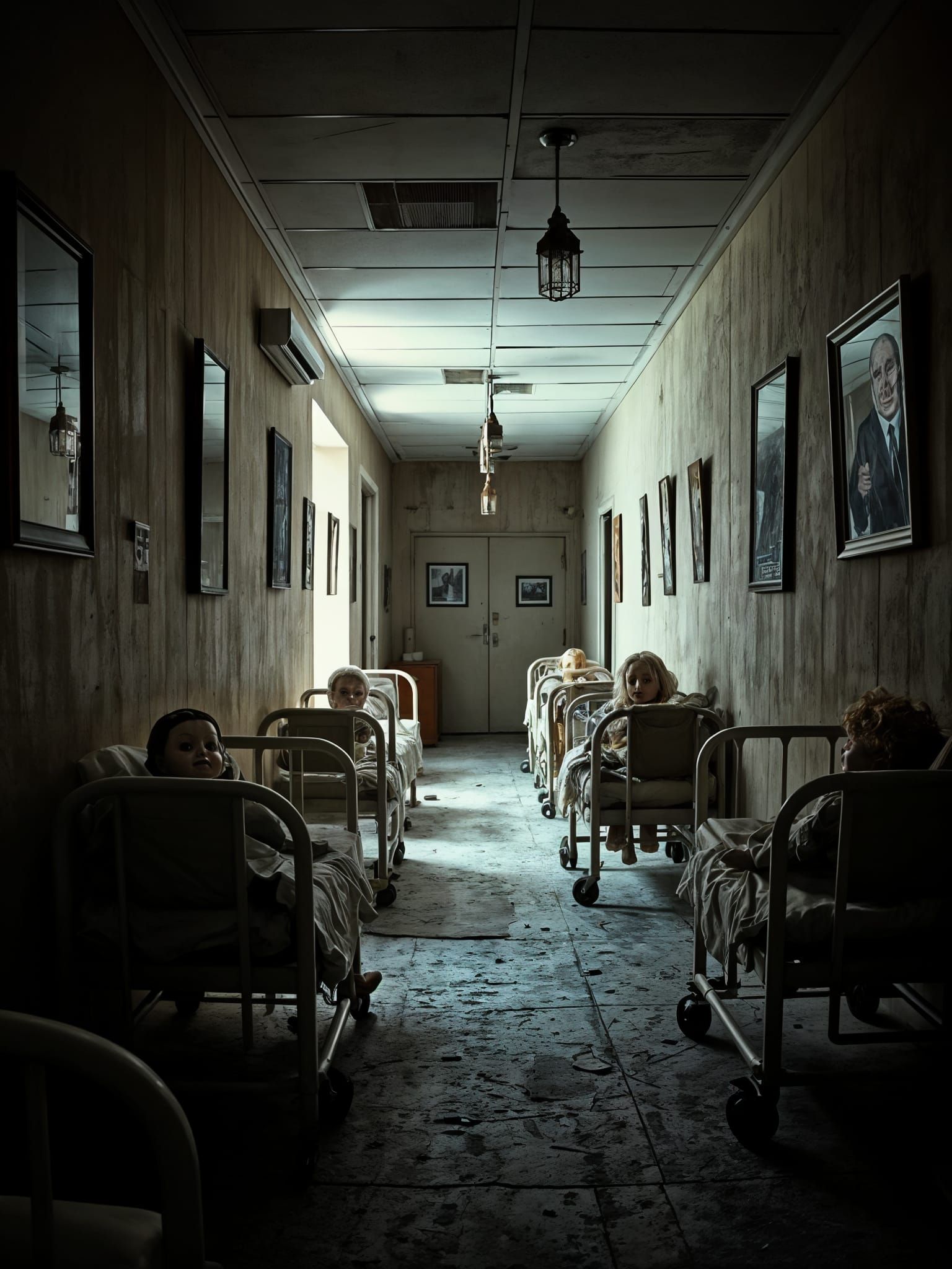 Creepy Dolls in a Desolate Hospital Hallway