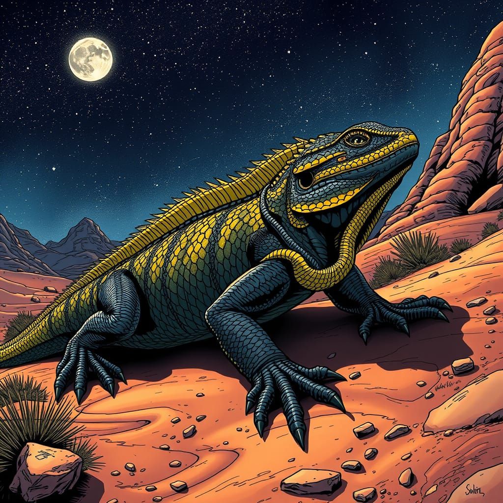Armored Lizard Crawling Under Starry Night, Comic Art