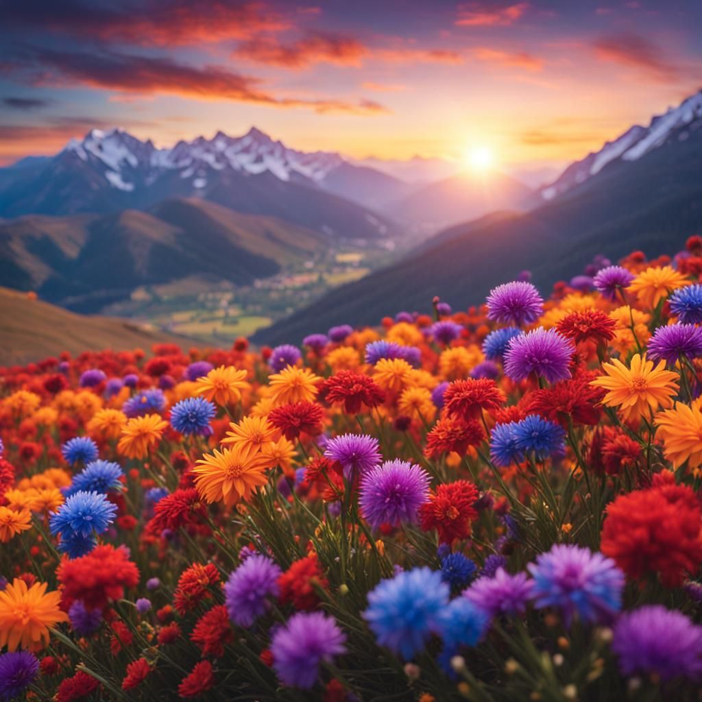 Colorful Flower Field and Mountain Landscape