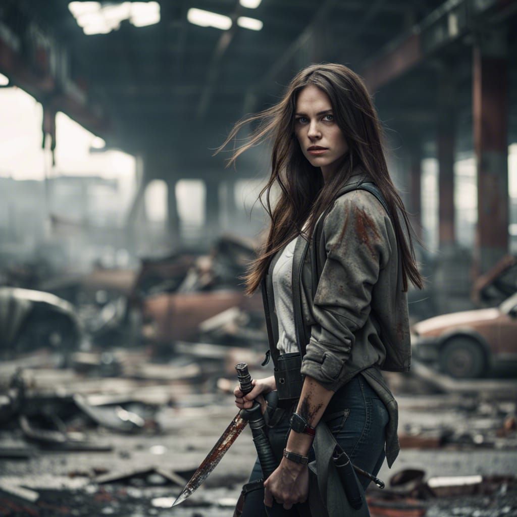 Apocalyptic Survivor with Katana in Ruined Cityscape