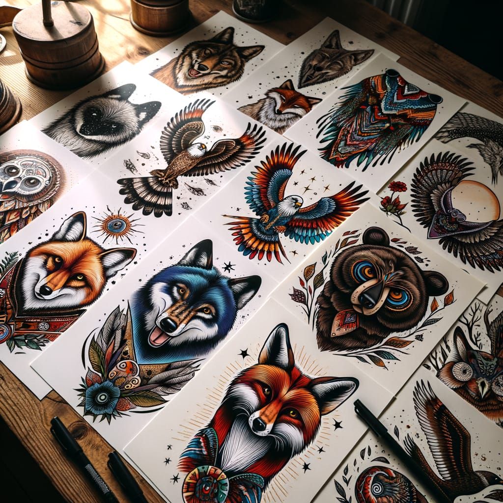 Spirit Animals Flash Tattoo Designs on Table