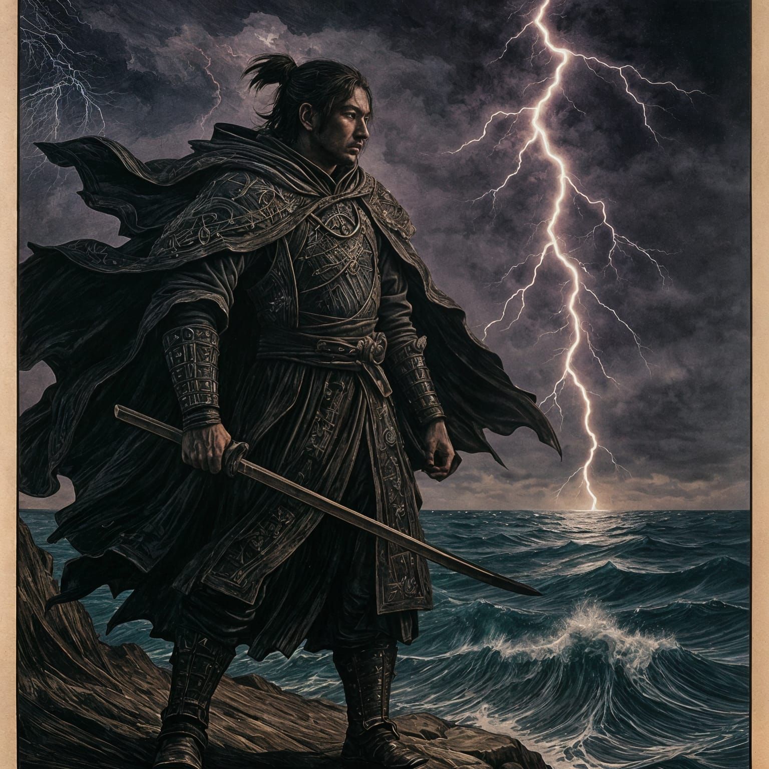 Samurai Warrior Overlooking Stormy Sea in Ukiyo-e Style