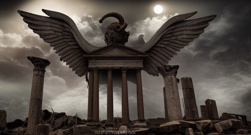 Baphomet Statue in Ruined Temple, Moody Photo