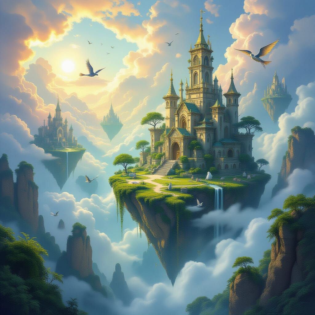 Lush Fantasy World with Floating Islands, Dreamlike