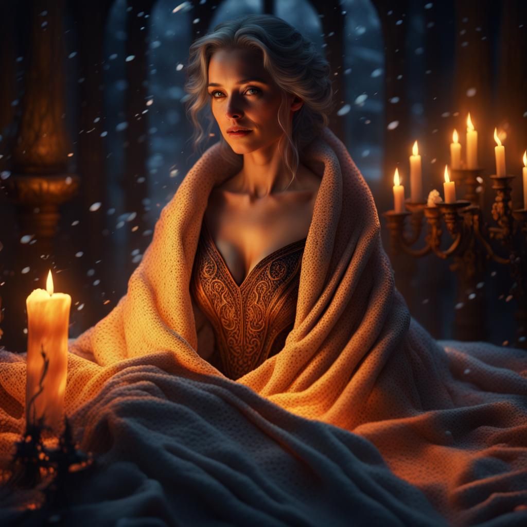 Woman Crocheting Blanket by Candlelight: Detailed Matte Pain...