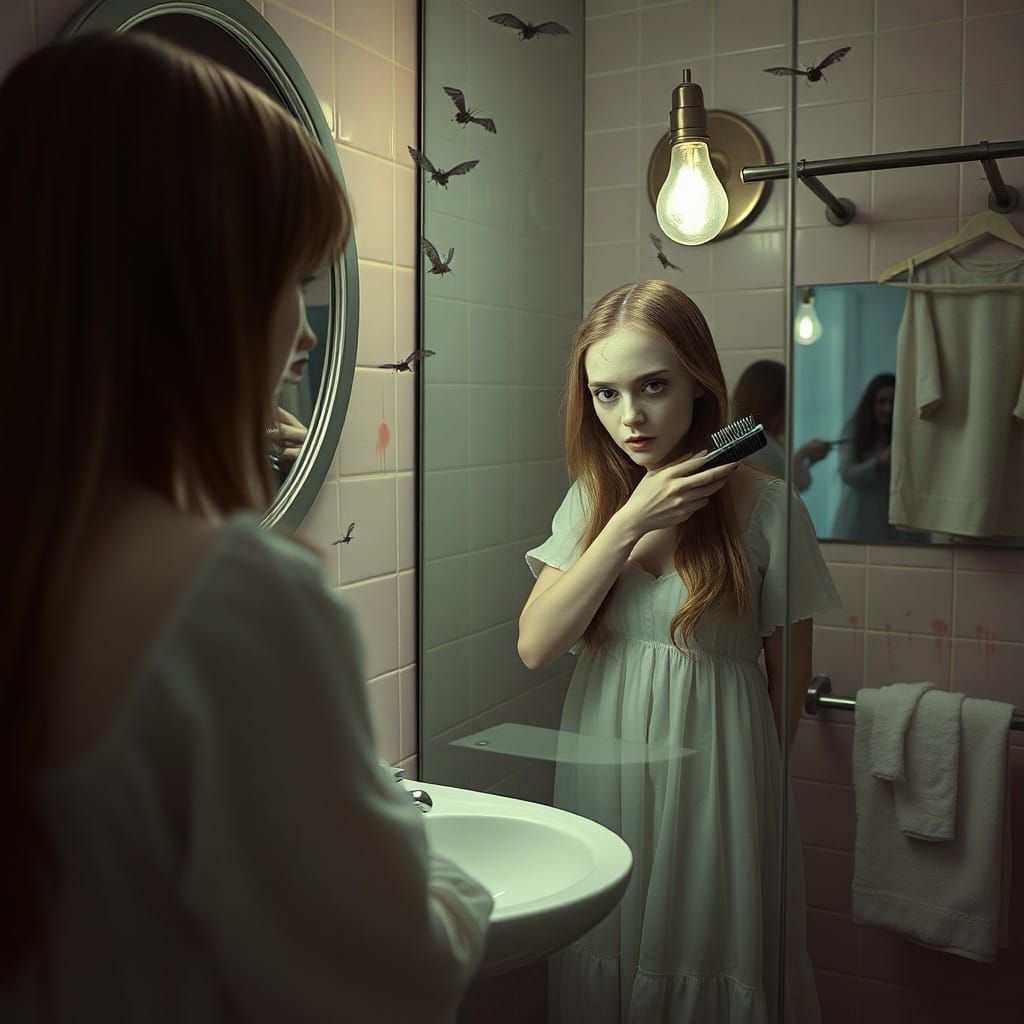 Surreal Witch Brushing Hair in Pastel Bathroom