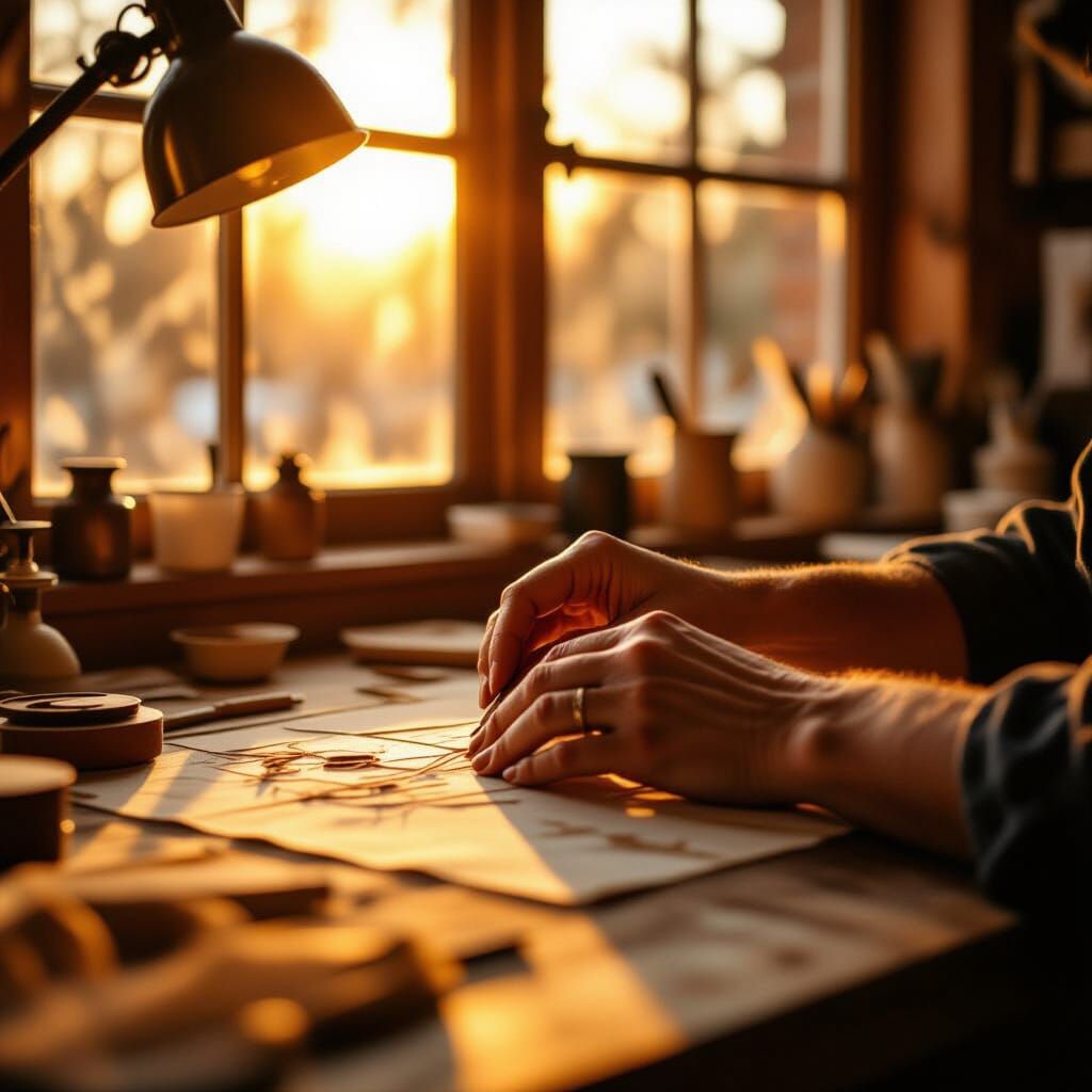Intricate Hand Craftsmanship in Golden Hour Workshop Light