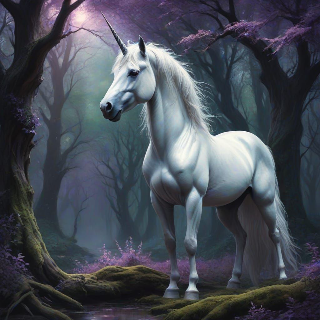 Majestic Black Unicorn in Enchanted Forest Oil Painting