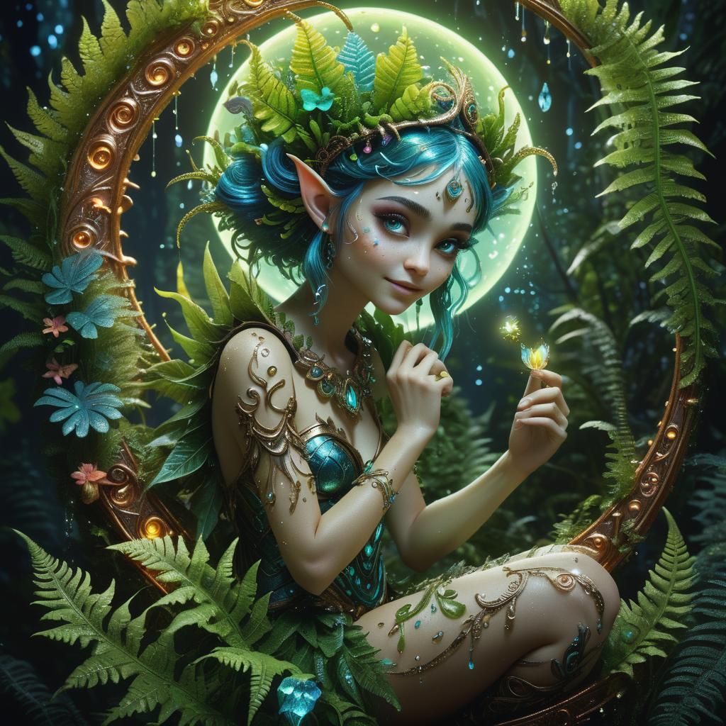 Bioluminescent Elf Fairy on Neon Moon in Biomechanical Fores...