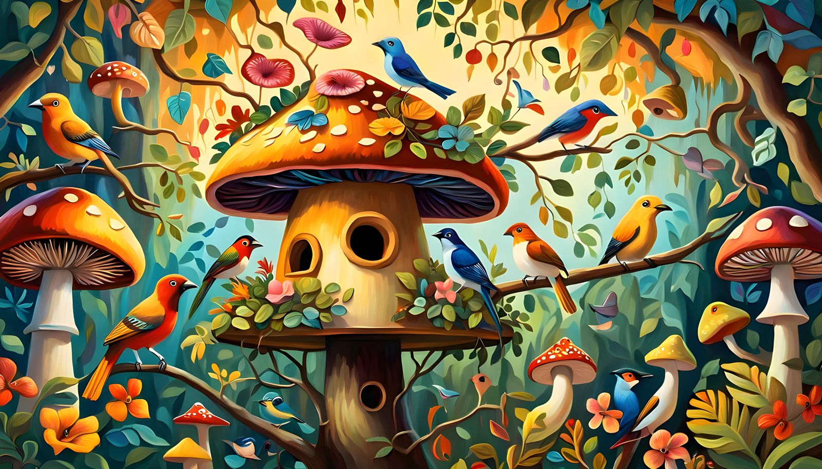 Cozy Mushroom Birdhouse with Paradise Birds