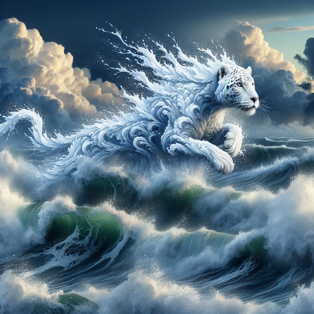 White Jaguar Formed from Seafoam in Digital Art
