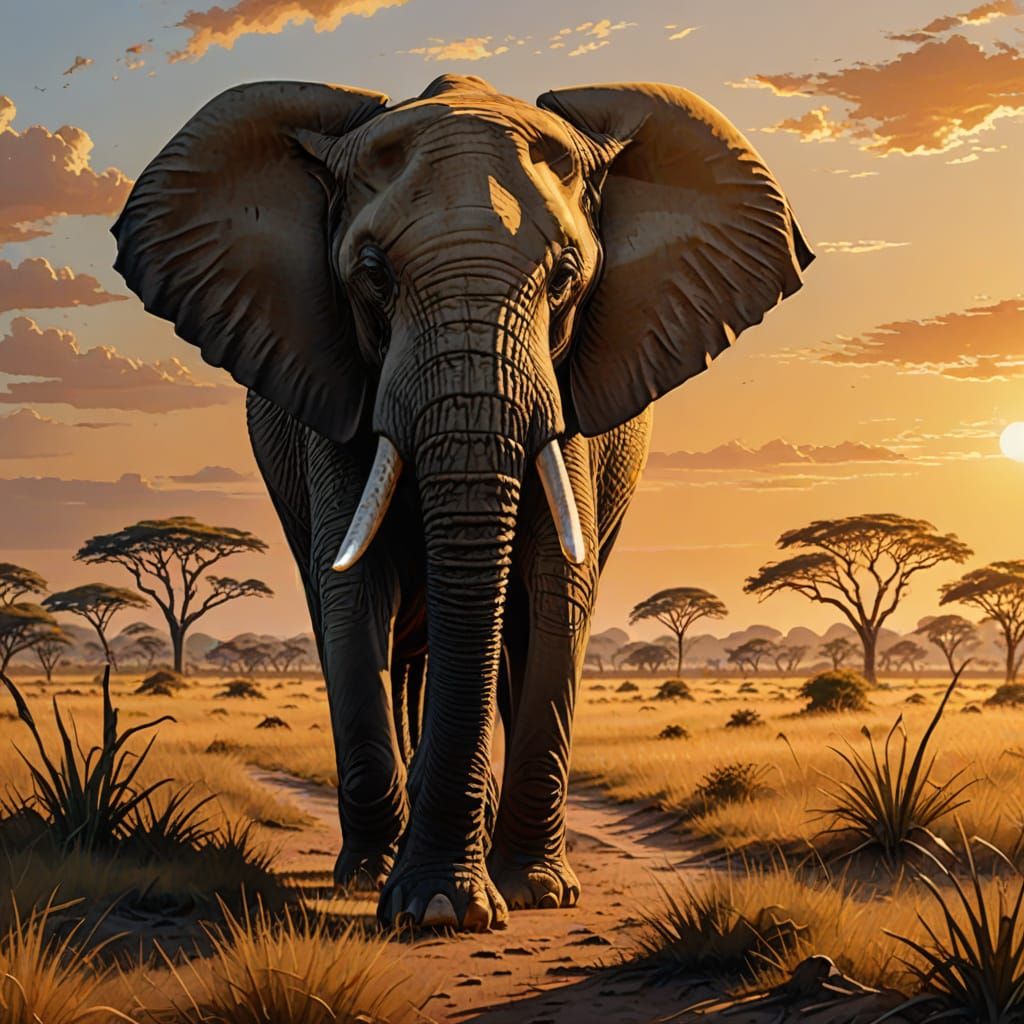 Majestic African Elephant in a Surreal Oil Painting