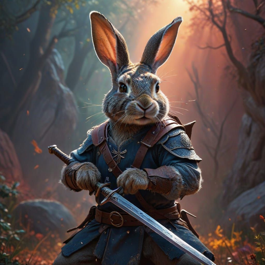 Brave Wild Rabbit Defends Clan with Sword in Intricately Det...