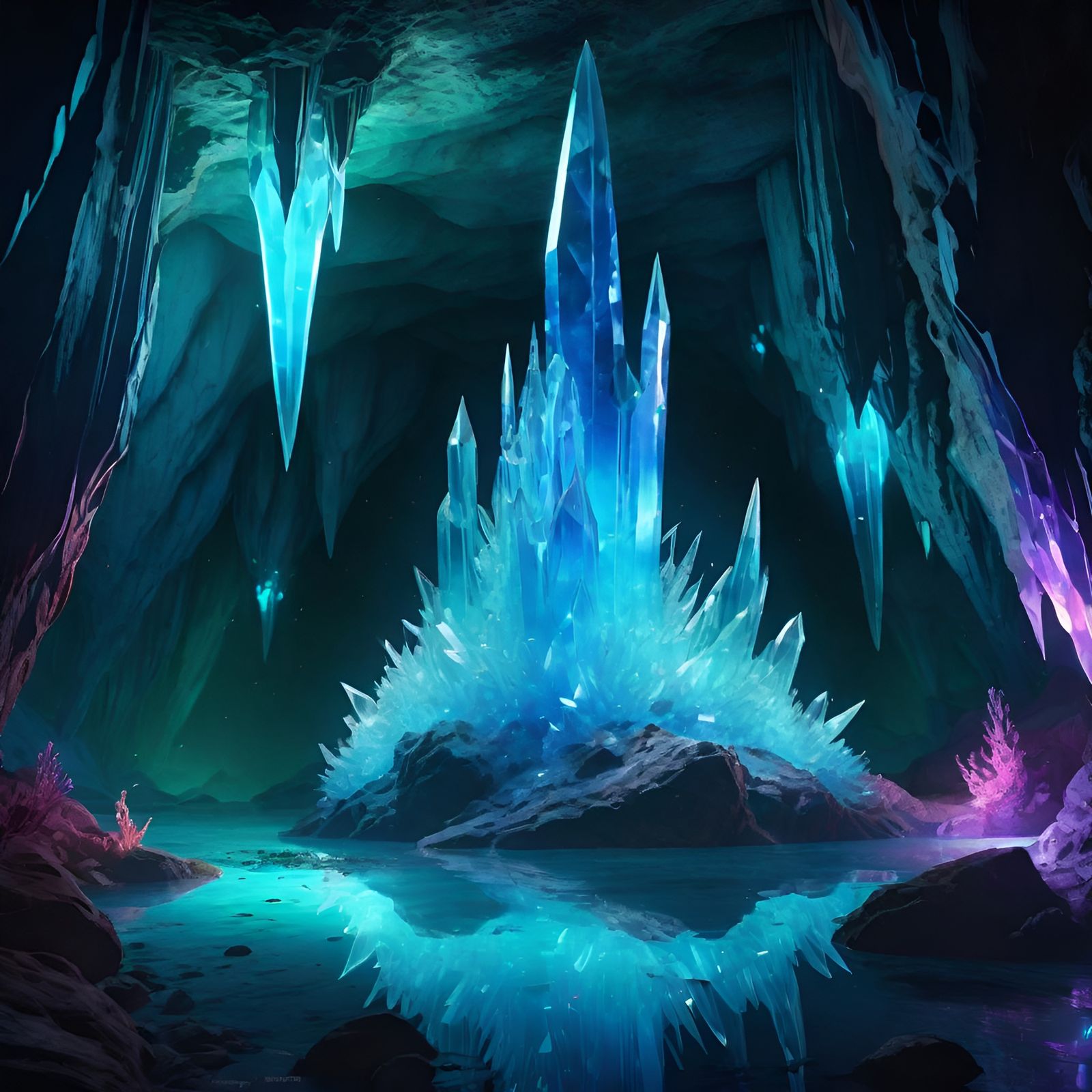 Bioluminescent Crystal Cave Digital Painting