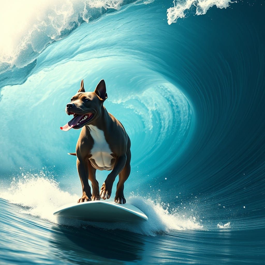 Vibrant Surfing Pitbull in a Towering Ocean Wave