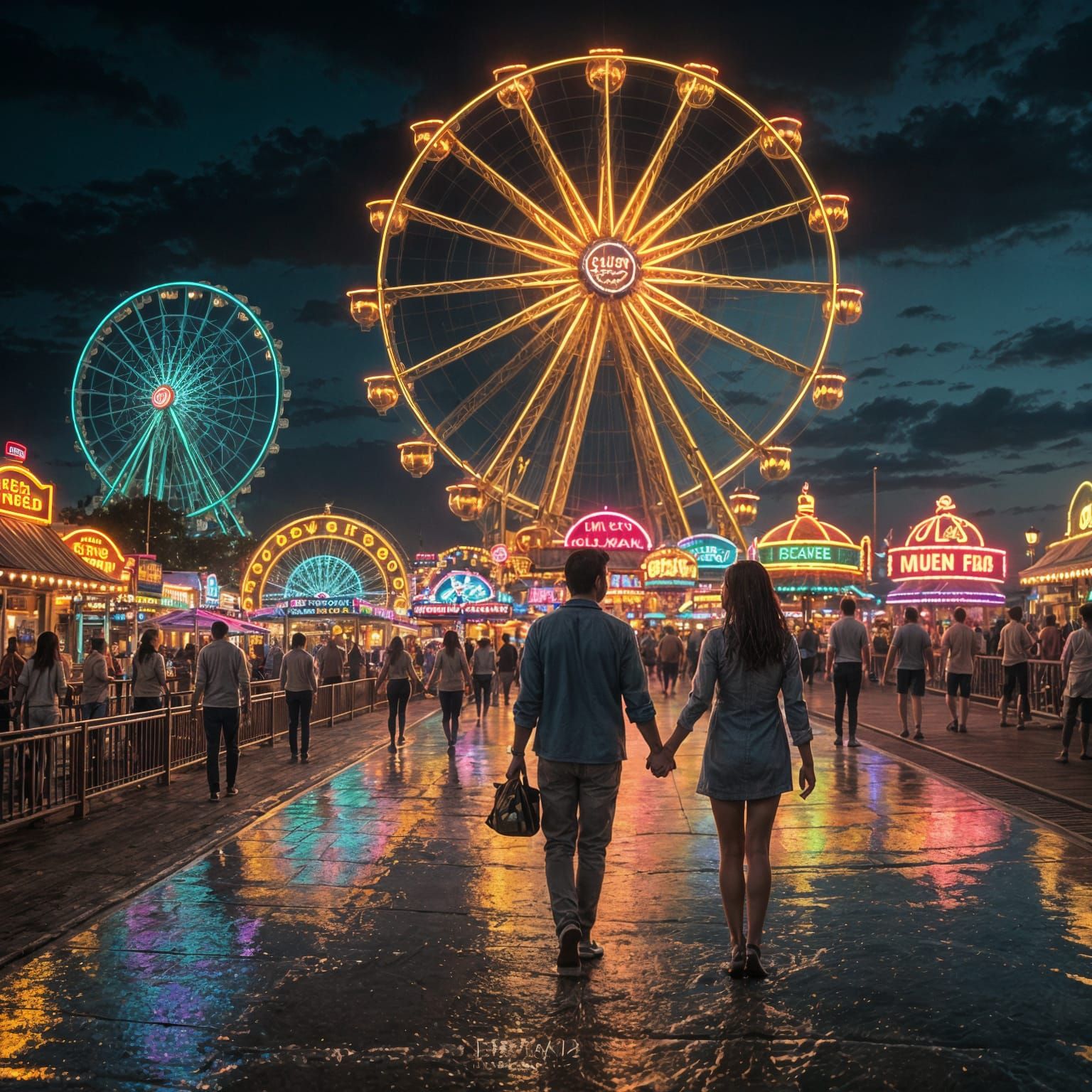 Night Boardwalk Scene with Ferris Wheel