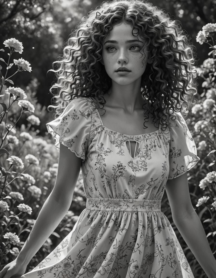 Monochrome Portrait of an Emotional Girl in Summer Dress