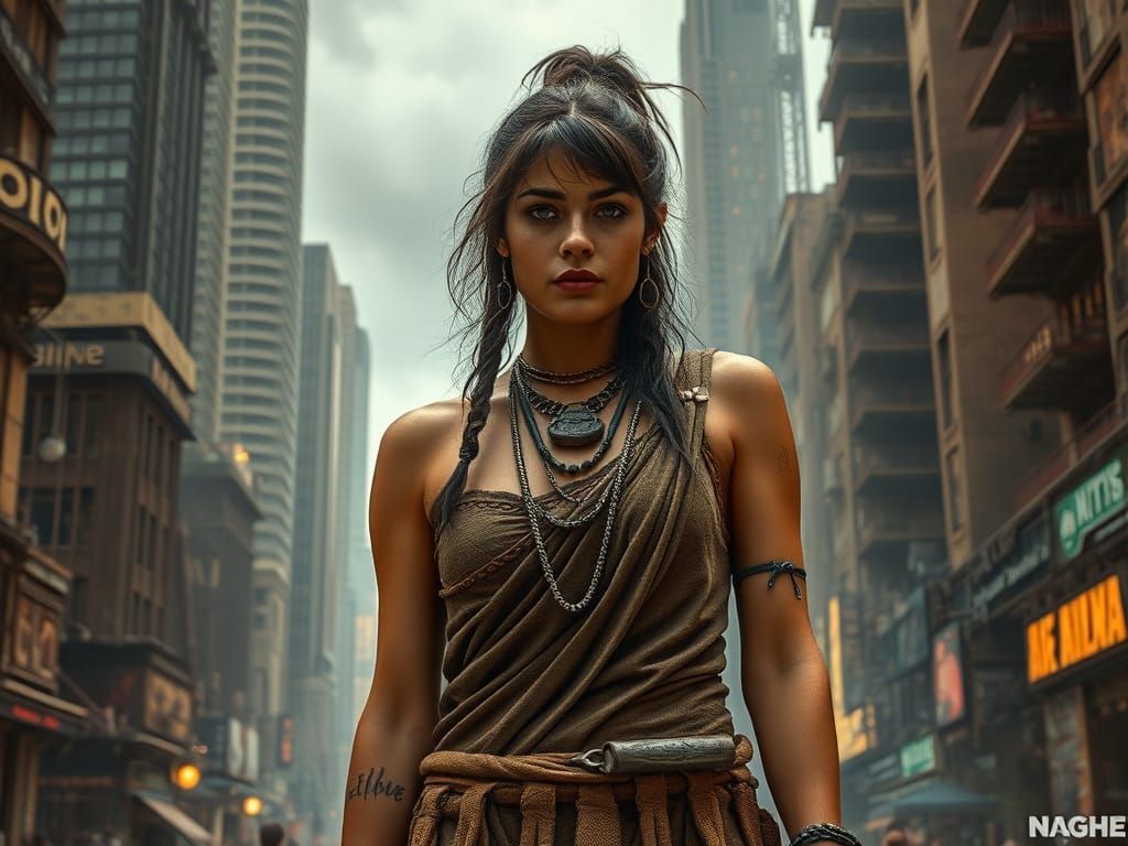 Bronze Age Woman in Dystopian Metropolis