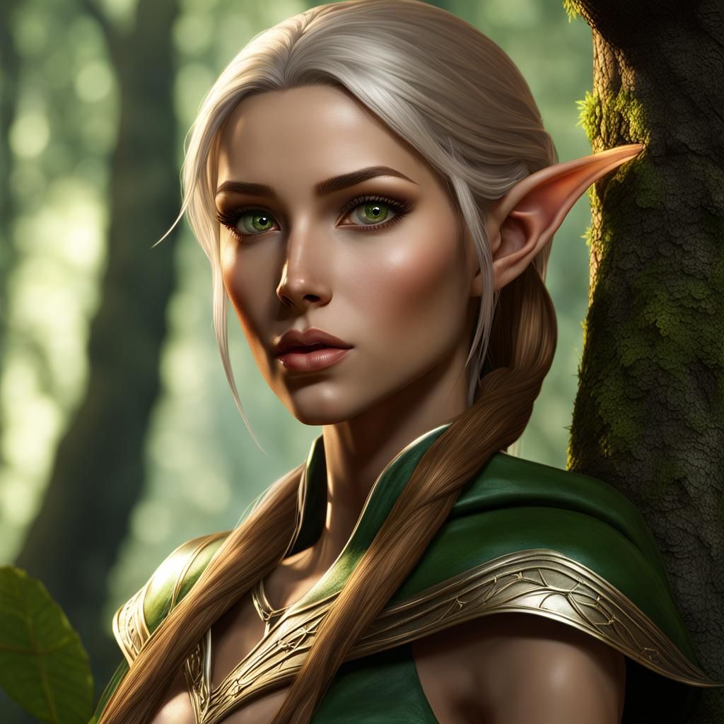 Enchanting Female Elf in Fantasy Forest: Digital Art