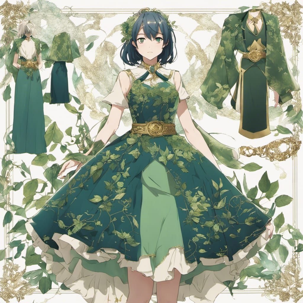 Green and Blue Dress with Leaf Pattern, in Anime Style