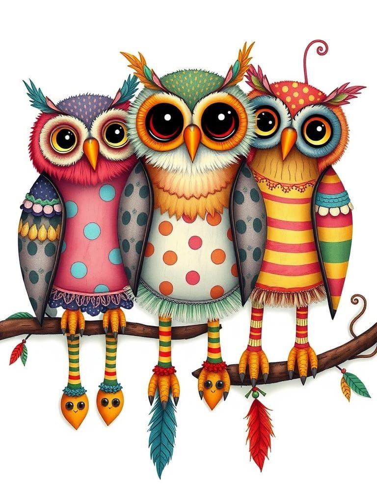 Surreal Cartoon Owls in Vibrant Feathers and Striped Socks