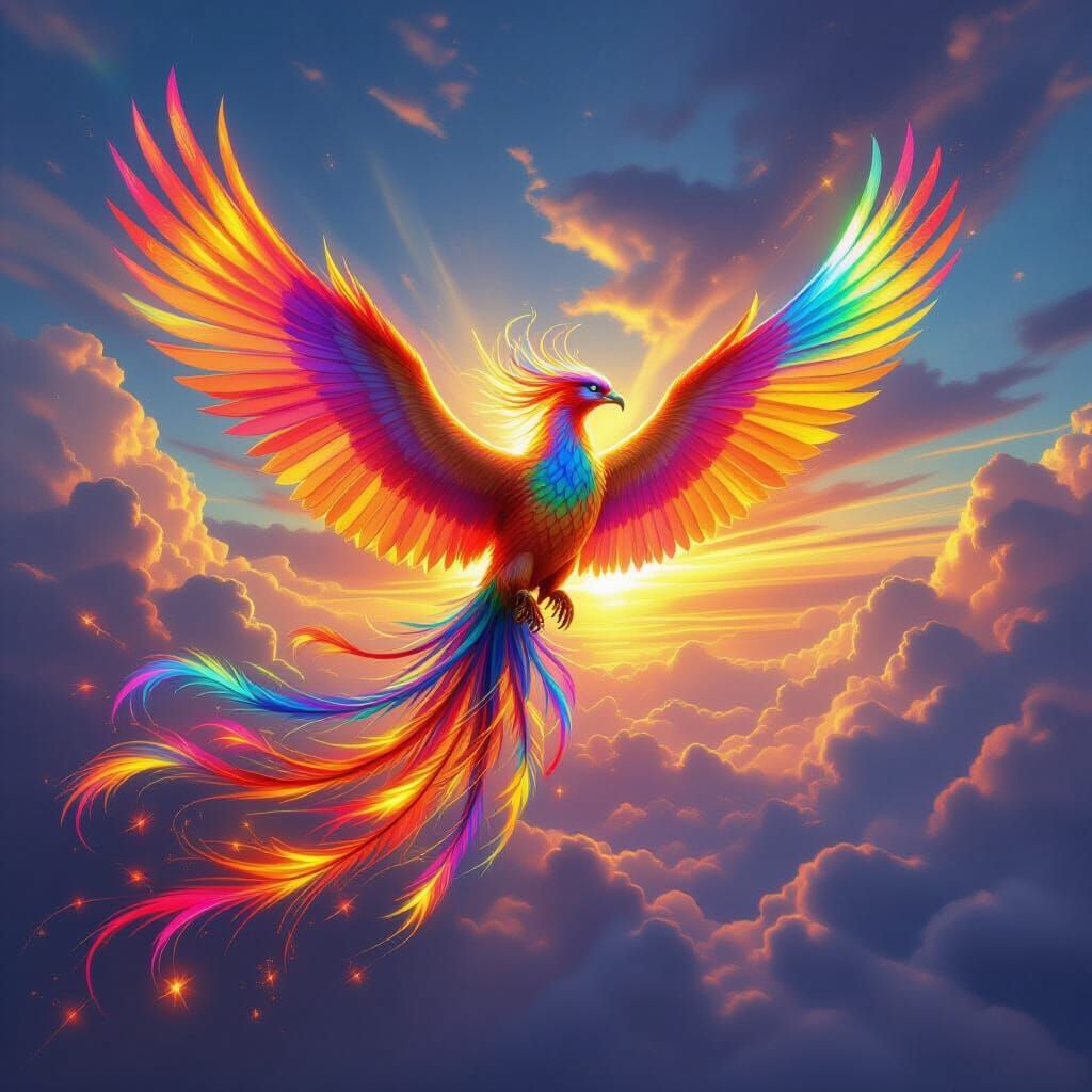 Majestic Rainbow Phoenix Soars Through Vibrant Sky