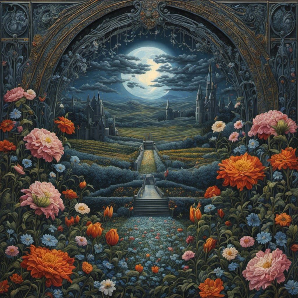 High Gothic Blue Moon Over Flower Field