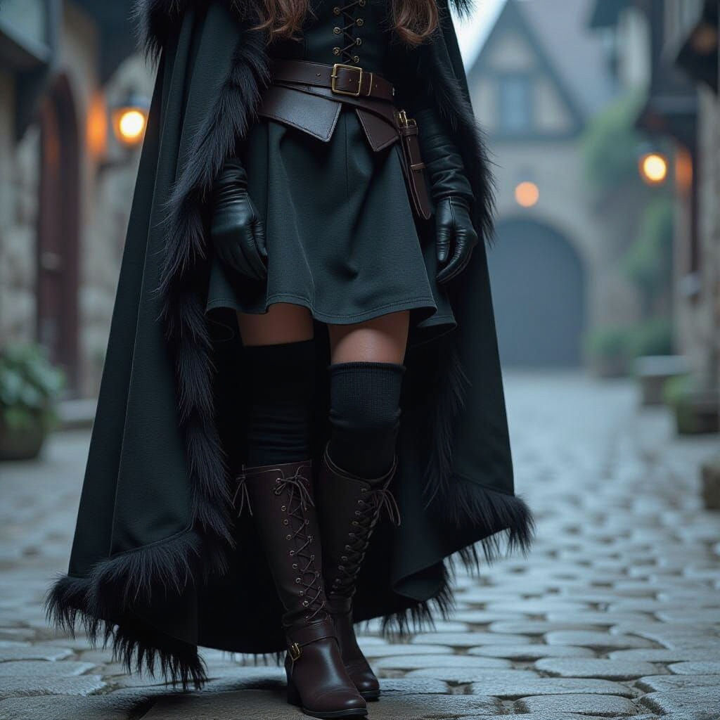 Medieval Woman in Dark Cloak and Stockings
