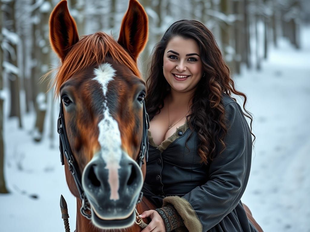 Elegant Woman Rides Horse in Snowy Forest