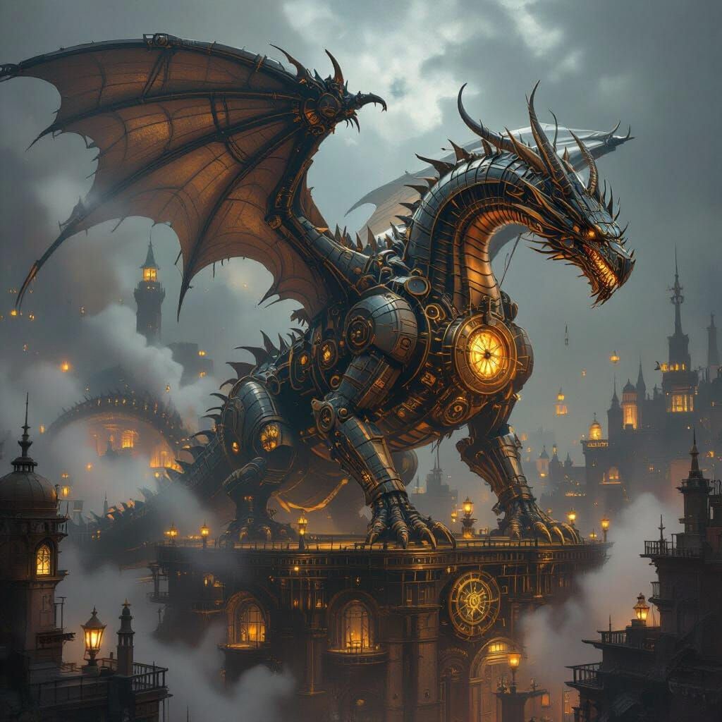 Clockwork Dragon Awakens in Steampunk City