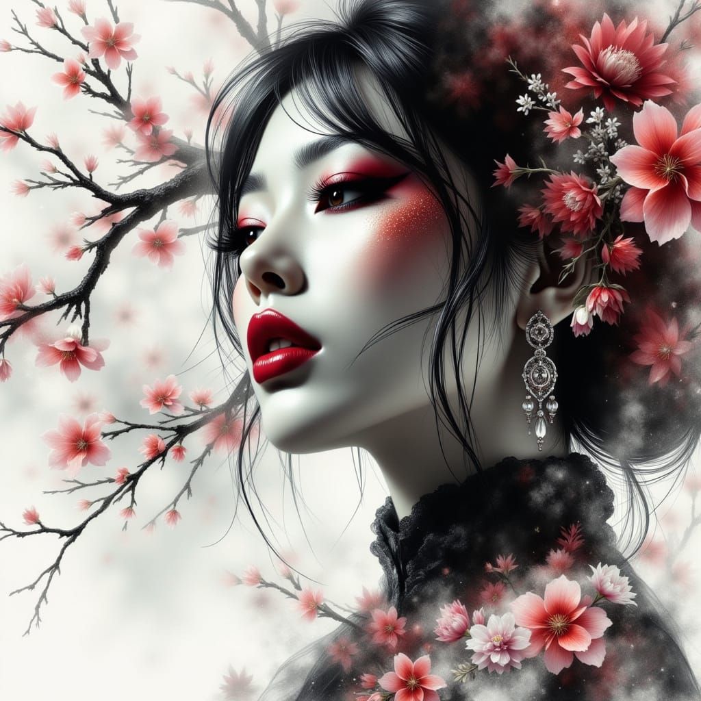 Hyperrealistic Geisha in Chicano-Inspired Dreamy Landscape