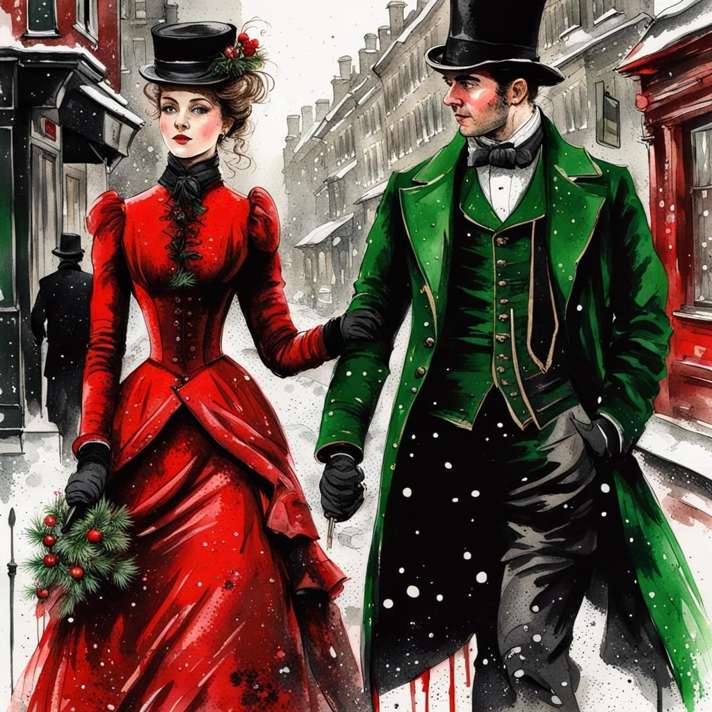 Victorian Christmas Couple in Ink Splash Art