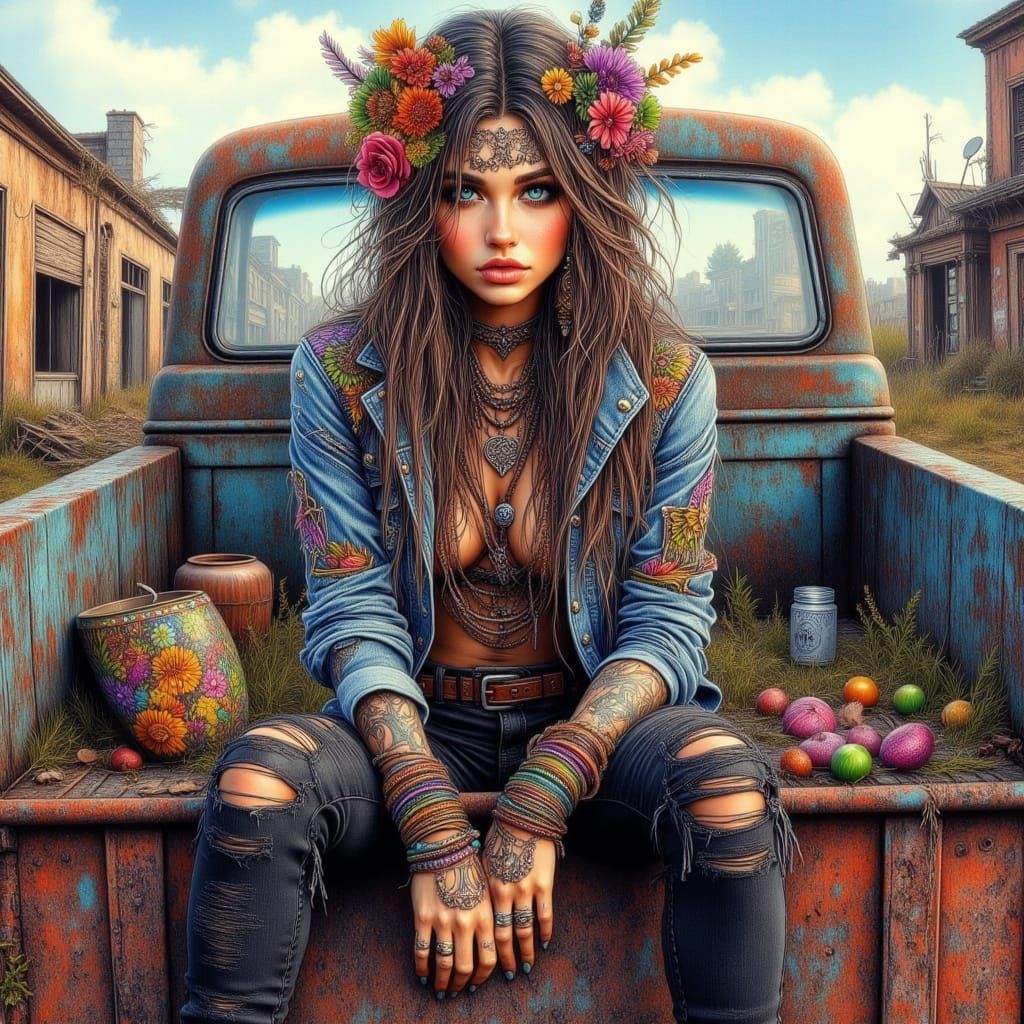 Free-Spirited Bohemian Woman Sits on Vintage Ford Truck