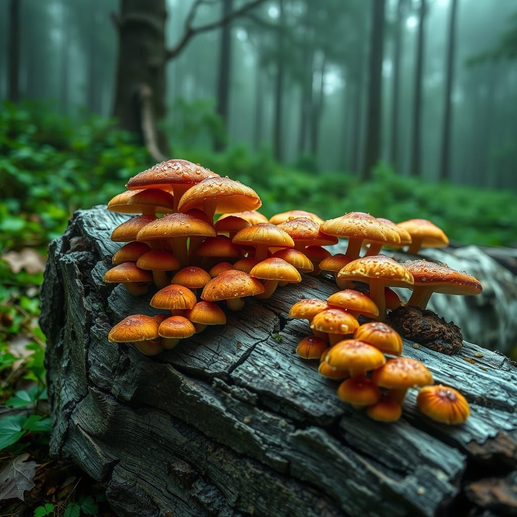 Majestic Ancient Log Thrives with Vibrant Mushrooms in Emera...